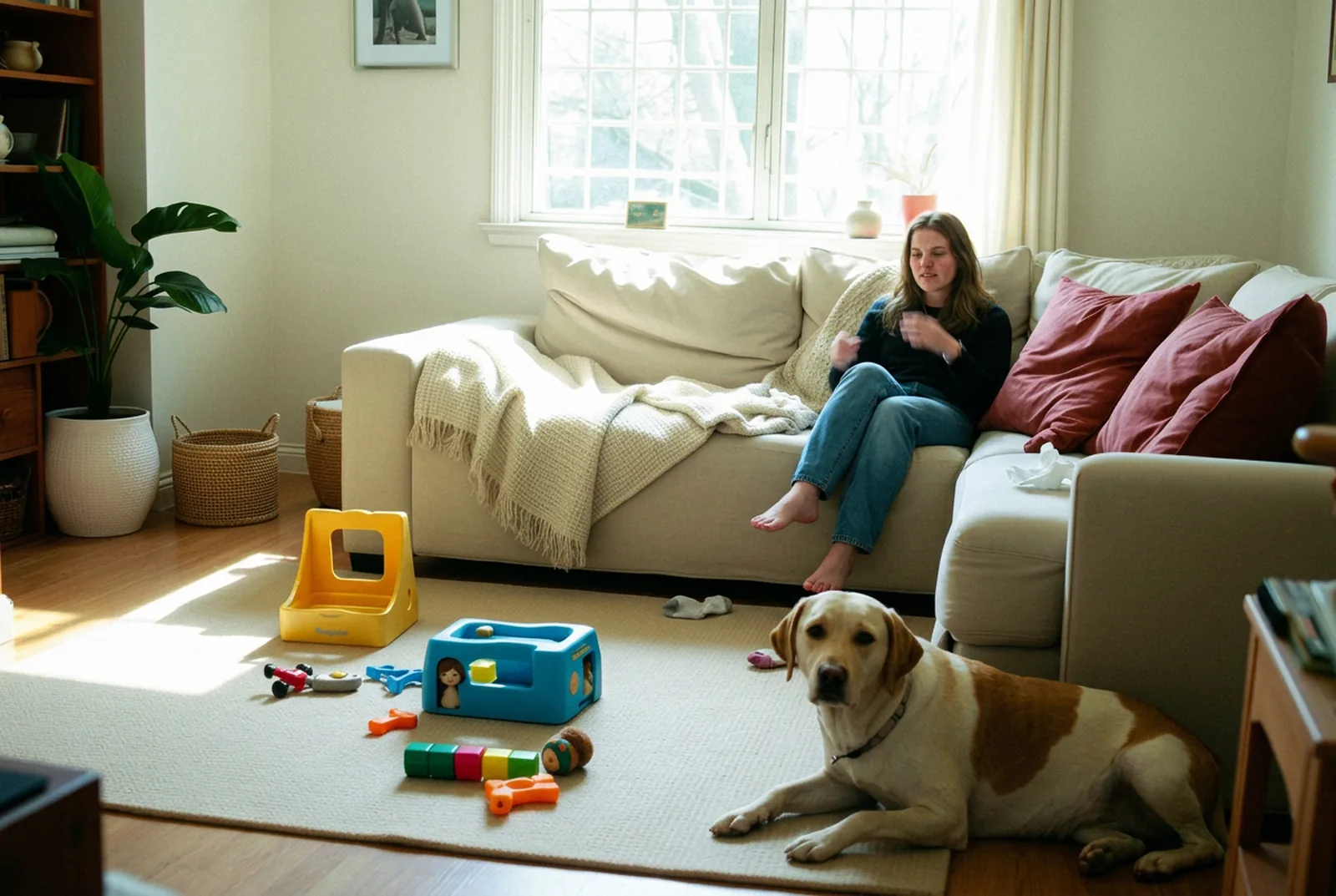 Gemütliches Wohnzimmer mit Spielzeug auf dem Teppich und einem Hund, der vor dem Sofa liegt